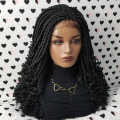 Curly Box Braided Wig For Black Women Lace Closure Goddess Box Braids Lace Front Wig Color 1b Black