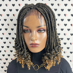 Ready To Ship Box Braid Braided Lace Front Wig With Curly Ends Color 1b/27 Ombre