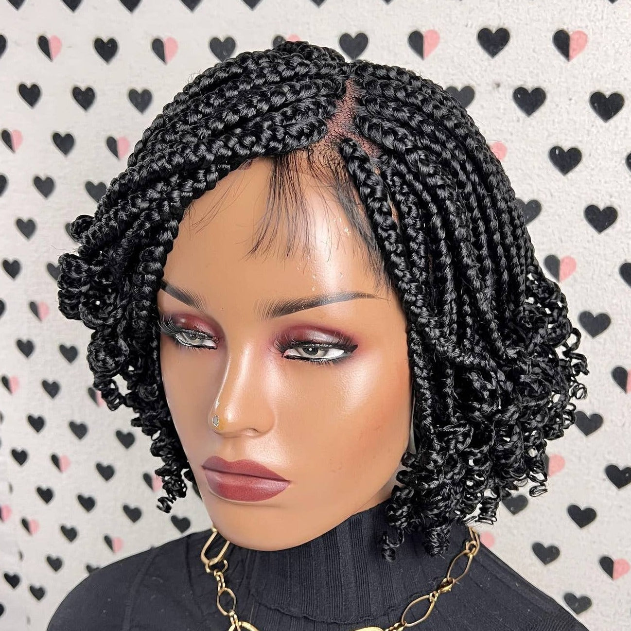Handmade Box Braids Short Curls Braided Lace Front Wig With Curly Ends 1b Black