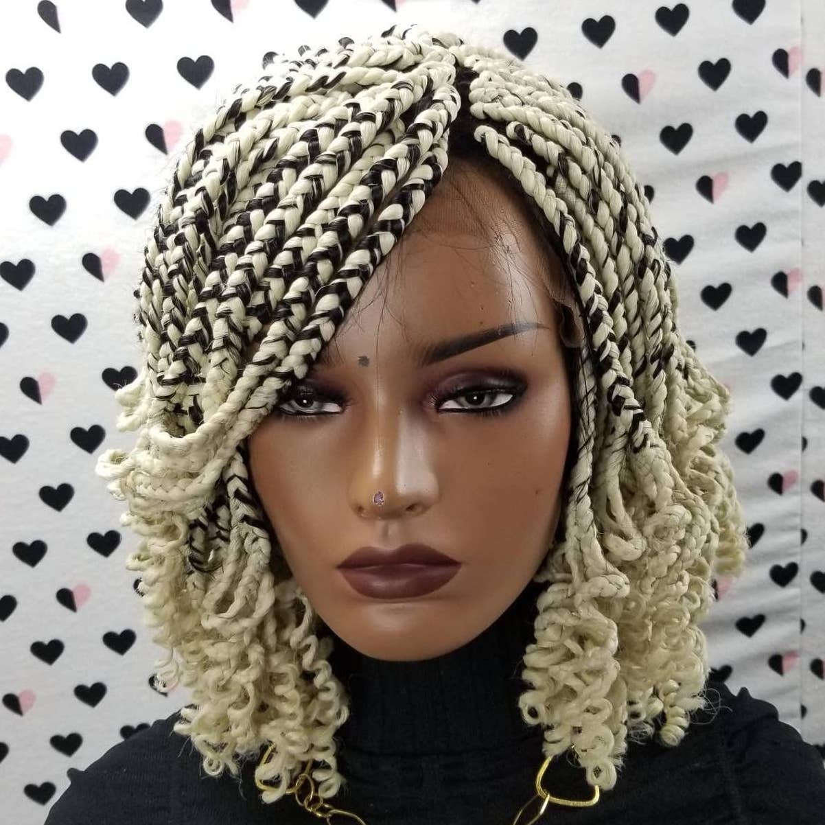 Short Curly Box Braids Braided Lace Front Wig For Black Women Color 613 Black