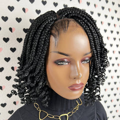 Short Curls Handmade Box Braids Braided Lace Front Wig With Curly Ends Color 1b Black