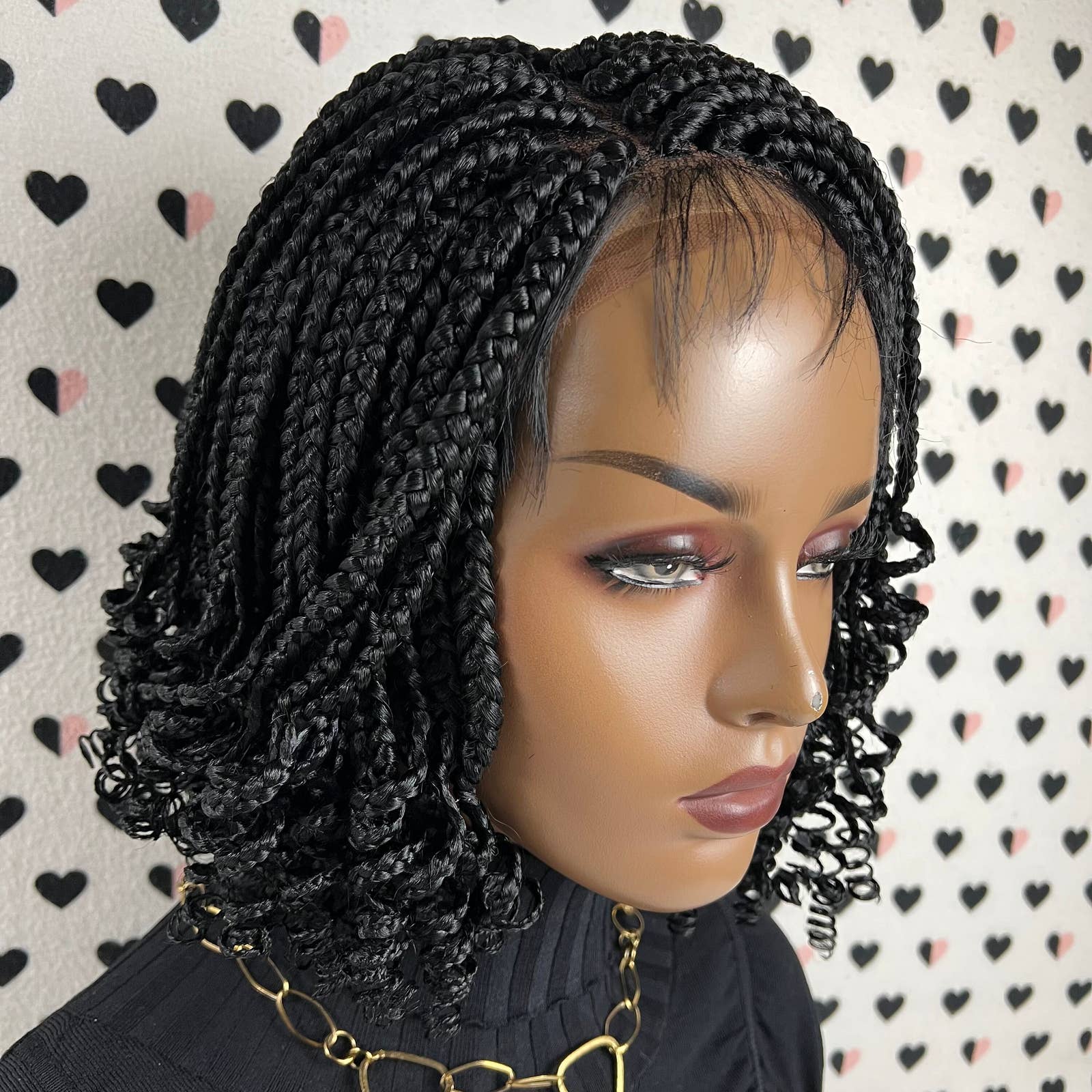 Handmade Box Braids Short Curls Braided Lace Front Wig With Curly Ends 1b Black