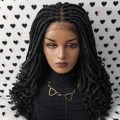 Curly Box Braided Wig For Black Women Lace Closure Goddess Box Braids Lace Front Wig Color 1b Black