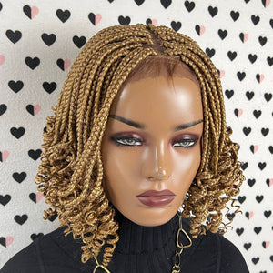 Short Curls Curly Box Braid Braided Lace Front Wig For Black Women Golden Blonde