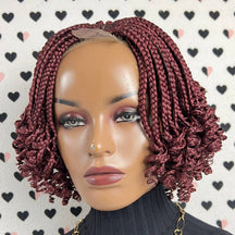 Handmade Curly Box Braids Cornrows Braided Wigs For Black Women Burgundy Red Wig