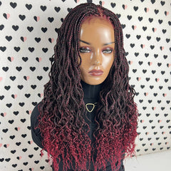 Goddess Box Braids Lace Frontal Braided Wig With Curly Waves Color 1b/Bug Ombre
