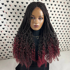 14 Handmade Braided Lace Front Wig With Curly Ends In 1b/Burgundy