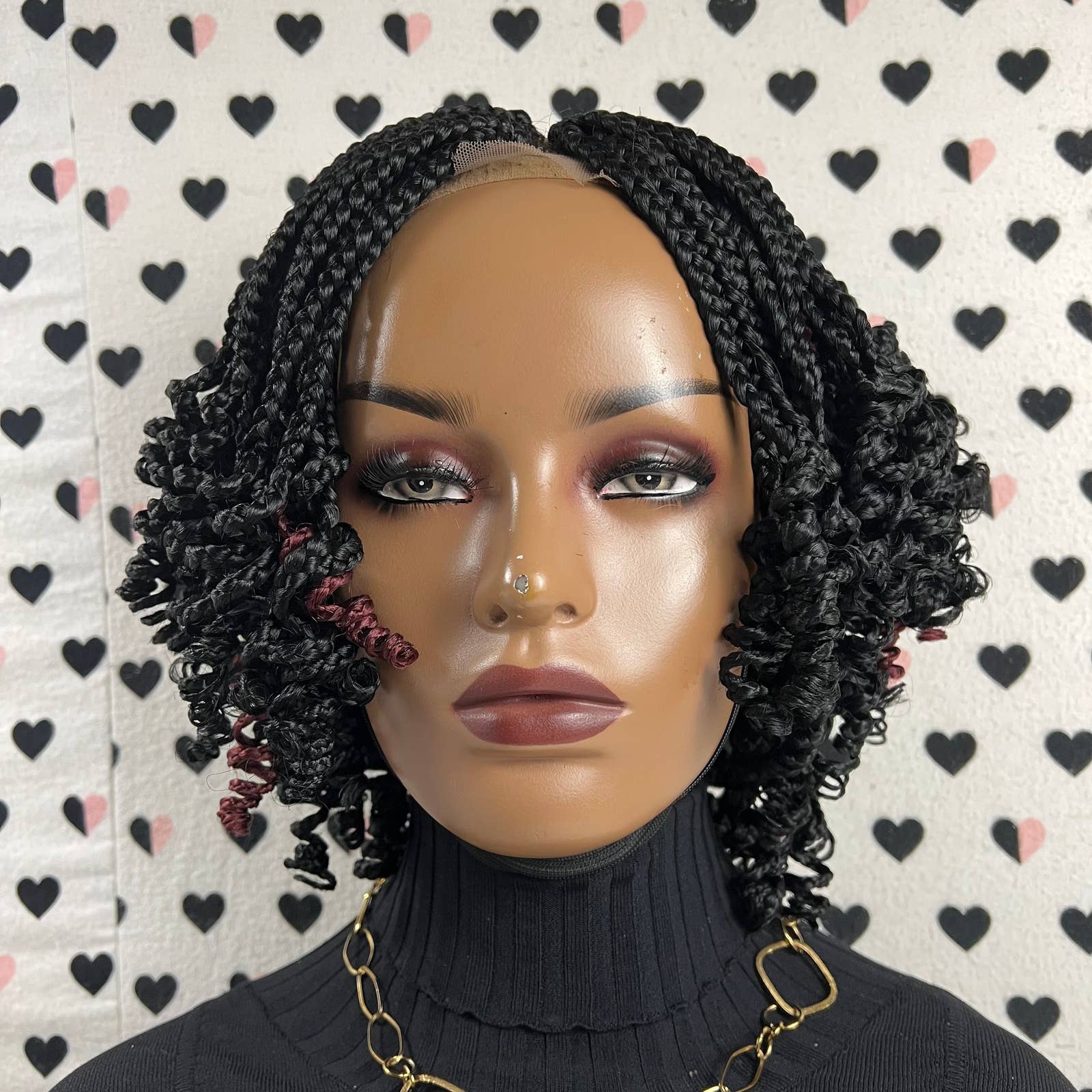 Short Curls Braids Fully Hand Braided Lace Closure Handmade Box Braid Braided Lace Front Wig With Curly Ends 1b Burgundy Red Highlights