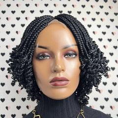 Short Curls Curly Box Braid Braided Lace Front Wig For Black Woman Color Black