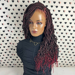 Goddess Box Braids Lace Frontal Braided Wig With Curly Waves Color 1b/Bug Ombre