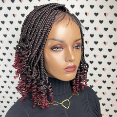 Curly Box Braids Handmade Braid Curls Braided Lace Front Wig Ombre Burgundy Red