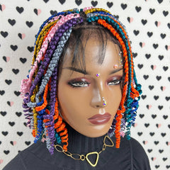 Multicolor Short Curls Curly Box Braids Braided Lace Front Wig For Black Women
