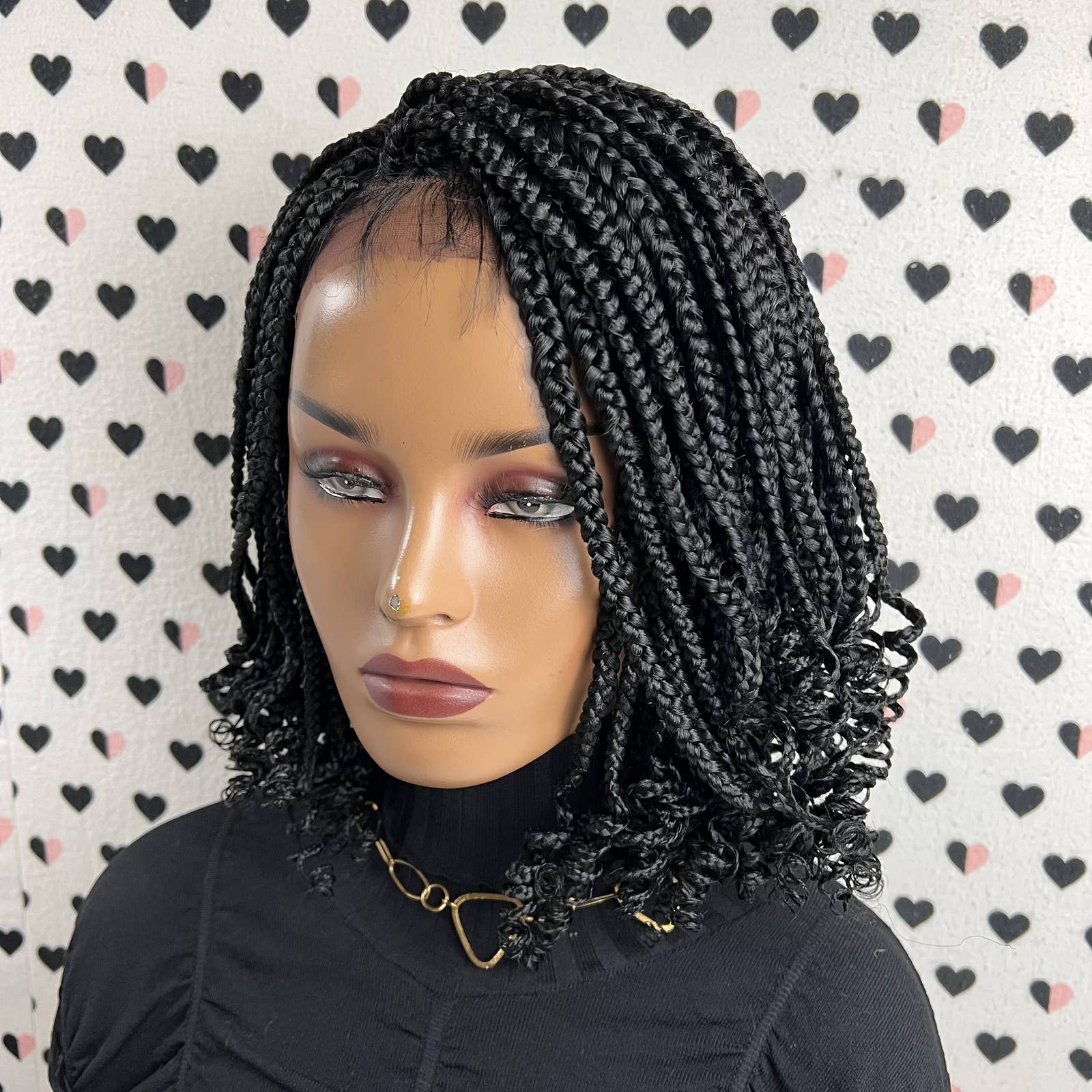 Short Curly Handmade Braids Braided Wigs Box Braid Curls Wigs Color 1b Black