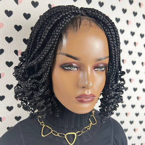 Short Curls Handmade Box Braids Braided Lace Front Wig With Curly Ends Color 1b Black