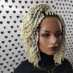 Short Curly Box Braids Braided Lace Front Wig For Black Women Color 613 Black