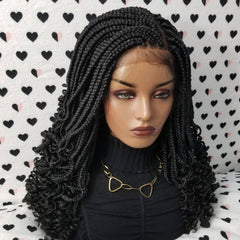 Curly Box Braided Wig For Black Women Lace Closure Goddess Box Braids Lace Front Wig Color 1b Black