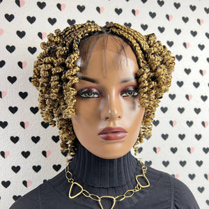 Short Curls Curly Box Braids Braided Lace Front Wig For Black Women Colors 27 Golden Blond Mixed With Black