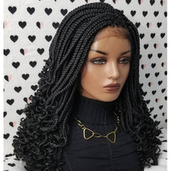 Curly Box Braided Wig For Black Women Lace Closure Goddess Box Braids Lace Front Wig Color 1b Black