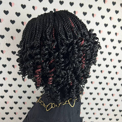 Short Curls Braids Fully Hand Braided Lace Closure Handmade Box Braid Braided Lace Front Wig With Curly Ends 1b Burgundy Red Highlights