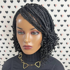 Lace Closure Handmade Box Braids Braided Lace Front Wig With Curly Ends 1b Black
