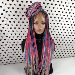 MultiColored Box Braided Wig Lace Closure Frontal Handmade Small Braids Wig