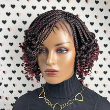 Peluca delantera de encaje trenzada rizada corta con trenzas de caja hechas a mano con rizos 1b / Rojo Ombre