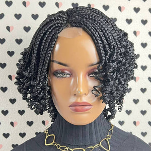 Peluca frontal de encaje trenzado con trenzas de caja de rizos cortos con extremos rizados negro